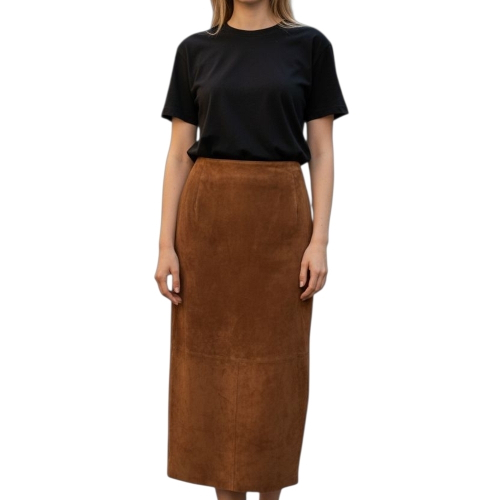 Valerie Stevens Suede Straight Skirt Brown Caramel Zip Back Slit Midi Skirt Sz 8